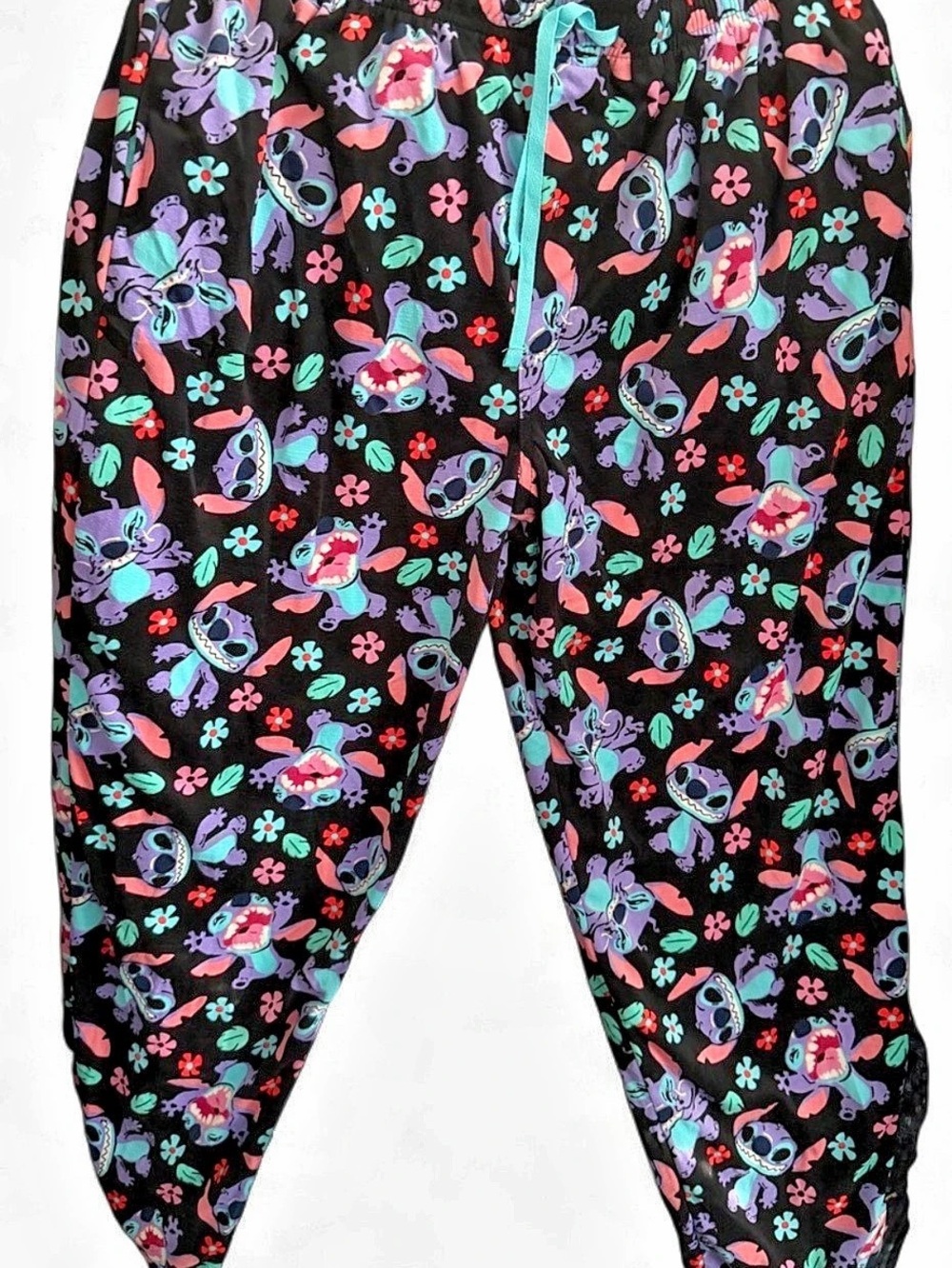 Disney Stitch Floral Jogger Pants Black Size Large Like New